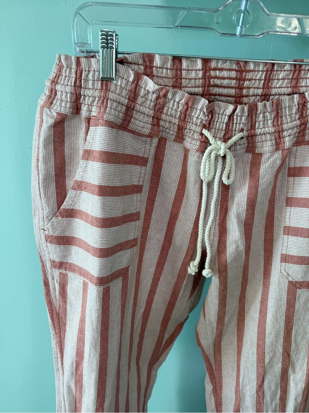 Roxy Striped Drawstring Linen Pants — Coral & White - Picture 2 of 12